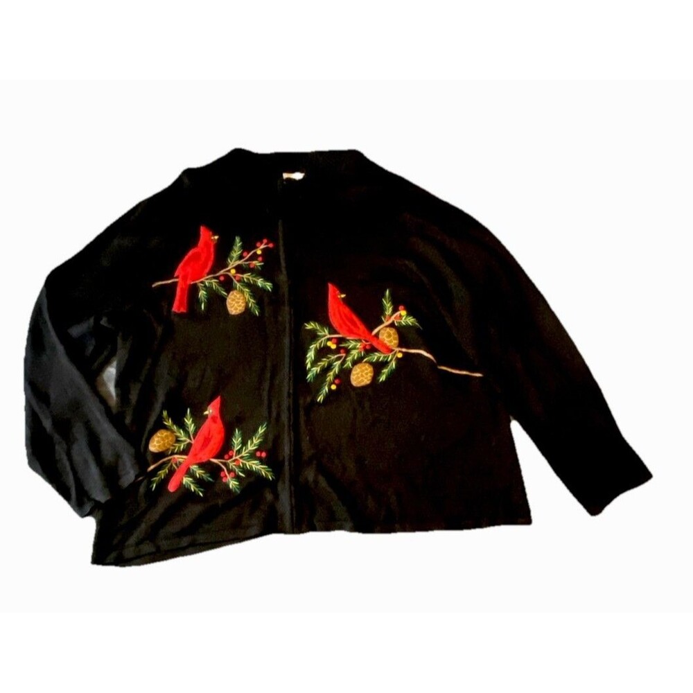 Women’s 2X Black Zip Cardigan Sweater Embroidered Red Cardinals Holiday